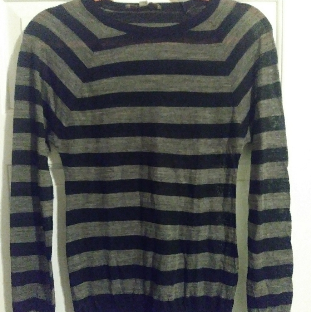 Loft Sheer Gray Black Striped Fitted Sweater